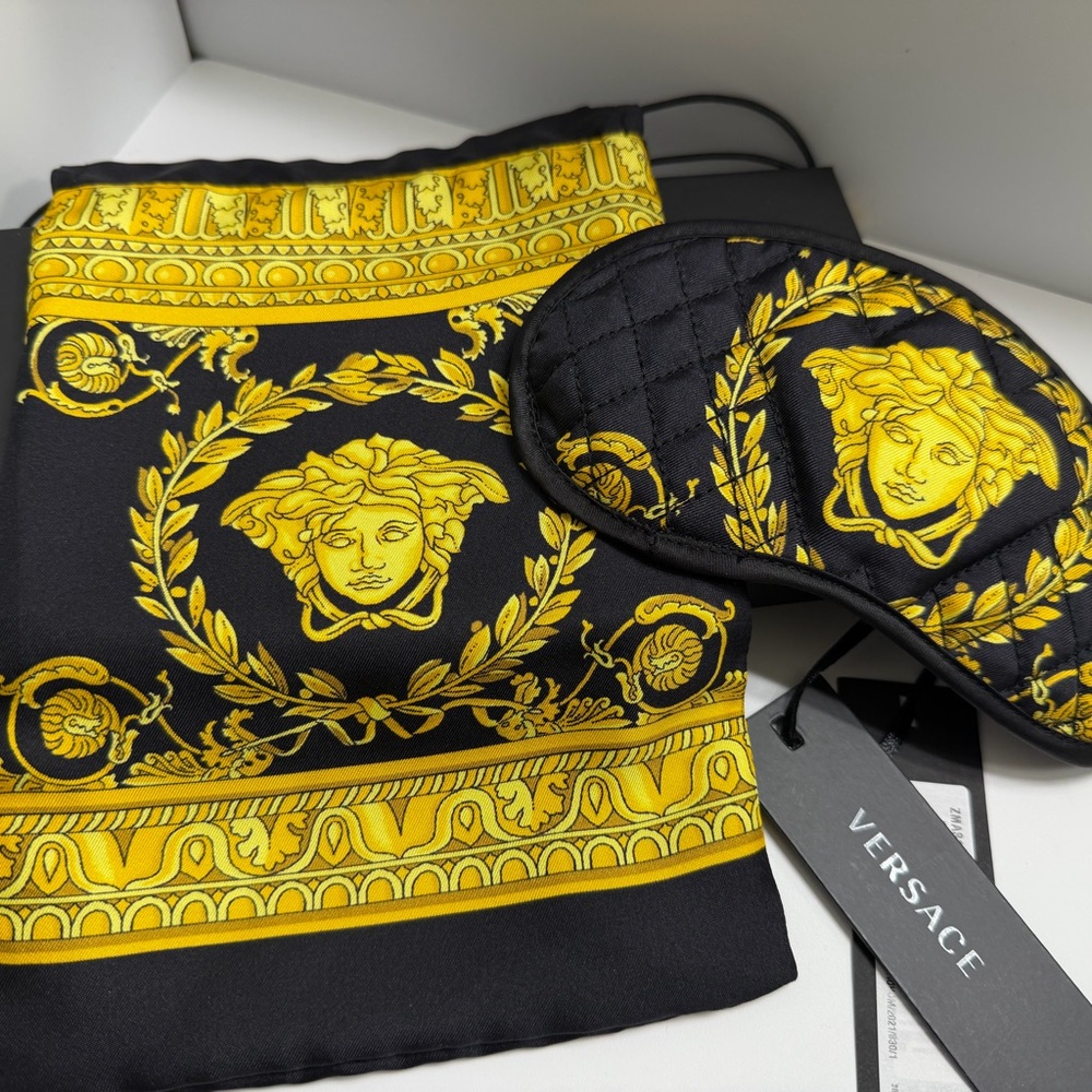 Versace Silk Black and Gold Sleep Mask and Matching Pouch Set